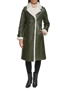 Двубортное пальто с отделкой из искусственной овчины Kenneth Cole, темно-зеленый