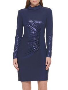 Мини-платье-футляр с воротником-стойкой и металлизированными рюшами Vince Camuto, темно-синий
