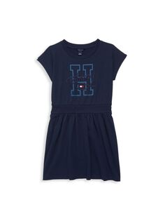 Платье-футболка с вышитым логотипом для девочек Tommy Hilfiger, темно-синий