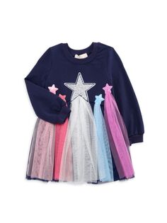 Платье с сетчатой отделкой со звездами для маленьких девочек Baby Sara, темно-синий