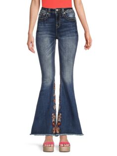 Расклешенные джинсы с высокой посадкой и цветочной вышивкой Miss Me, темно-синий