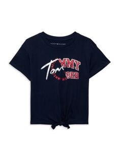 Футболка с завязками и логотипом для девочек Tommy Hilfiger, темно-синий