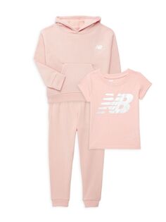 Комплект из трех предметов: футболка, худи и спортивные штаны для маленьких девочек и девочек New Balance, цвет Pink Sand
