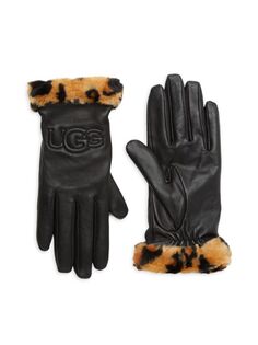 Перчатки с манжетами из кожи и искусственного меха с логотипом Ugg, цвет Black Cheetah
