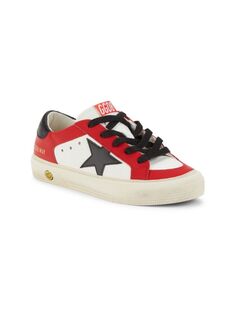 Детские кожаные кроссовки с цветными блоками и звездами Golden Goose, цвет Red Black