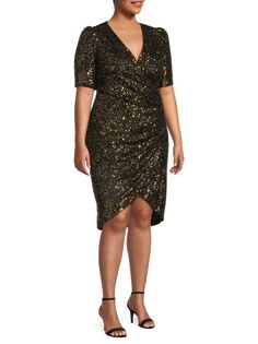 Асимметричное платье со сборками и пайетками Calvin Klein, цвет Black Gold