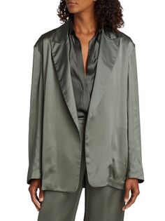 Атласный пиджак с драпировкой и поясом Vince, цвет Graphite Grey