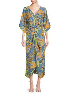 Платье-кимоно миди с принтом листьев Renee C., синий