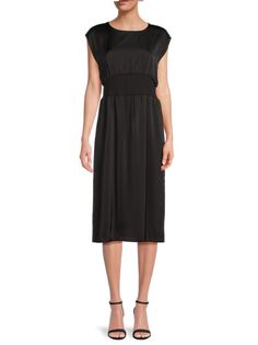 Атласное платье миди в рубчик с талией Calvin Klein, черный