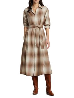Платье-рубашка с длинными рукавами и поясом Polo Ralph Lauren, коричневый
