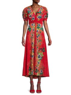 Атласное платье-трапеция с леопардовым принтом Saloni, красный