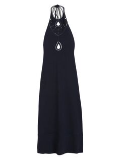 Трикотажное платье макси с люверсами и вышивкой Rosie Assoulin, темно-синий