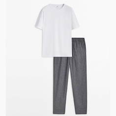 Пижама Massimo Dutti Striped Pants and Short Sleeve T-shirt, белый/серый