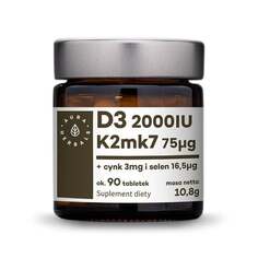 Aura Herbals, витамин D3 (2000МЕ) + К2мк7 (75мкг) + Цинк + Селен - таблетки 10,8г (90 таблеток)