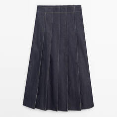 Юбка Massimo Dutti Denim Midi With Seams And Frayed Hem, темно-синий