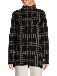 Жаккардовый свитер в клетку с воротником-стойкой Ellen Tracy, цвет Black Grey