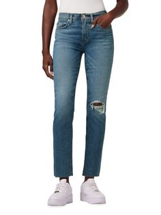 Эластичные потертые джинсы прямого кроя до щиколотки со средней посадкой Nico Hudson, цвет Reminisce Blue