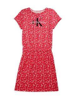 Платье-футболка с логотипом и сердечками для девочек Calvin Klein, красный