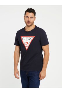 Мужская приталенная футболка с оригинальным логотипом Guess, темно-синий