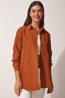 Женская длинная базовая рубашка оверсайз с корицей Happiness Istanbul, коричневый