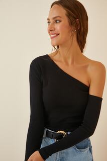 Женская черная вельветовая трикотажная блузка с открытыми плечами Happiness Istanbul, черный