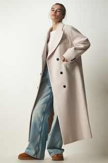 Женское кремовое шерстяное пальто премиум-класса с двубортным воротником и длинной строчкой Happiness Istanbul, бежевый