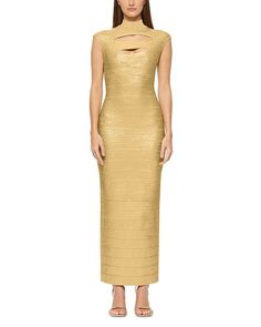 Бандажное платье с вырезом из фольги Hervé Léger, цвет Gold