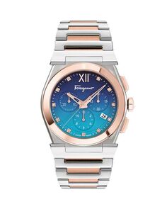 Двухцветная нержавеющая сталь Vega и усилитель; Часы-хронограф с бриллиантовым акцентом, 40 мм Ferragamo, цвет Blue