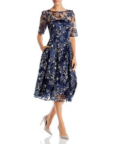 Платье с иллюзорной кокеткой и короткими рукавами Eliza J, цвет Blue