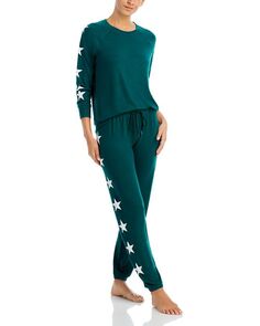Пижамный комплект AQUA с длинными рукавами и принтом звезд AQUA, цвет Green