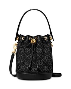 Миниатюрная жаккардовая сумка-мешок с монограммой T Tory Burch, цвет Black