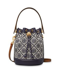 Миниатюрная жаккардовая сумка-мешок с монограммой T Tory Burch, цвет Blue