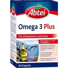 Пищевая добавка Omega 3 Plus, богатая жирными кислотами омега-3 для холестерина и сердечной функции, с витамином Е и фолиевой кислотой, Abtei