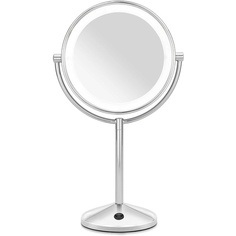 9436E Светодиодное зеркало для макияжа в хромированном дизайне с двухсторонней подсветкой и 10-кратным увеличением, с батарейным питанием, Babyliss