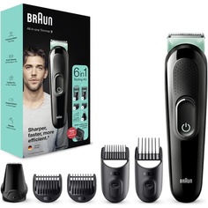 Универсальный набор для ухода за волосами 3 Триммер для бороды и машинка для стрижки волос 6-в-1 для мужчин 5 насадок Mgk3321 Черный/Зеленый, Braun