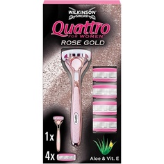 Бритвенная бритва Quattro для женщин премиум-класса с металлической ручкой розового золота и 5 стержнями для лезвий, Wilkinson Sword