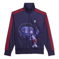 Куртка Men&apos;s adidas originals x Kerwin Frost Crossover Cartoon Printing Stripe Stand Collar logo Sports Jacket Blue, синий