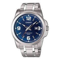 Часы CASIO Stainless Steel Strap Quartz Waterproof Mens SilverBlue Analog, синий