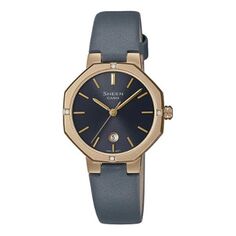 Часы CASIO SHEEN Octagon Sapphire Crystal Gold Color Case 50m Waterproof Leather Strap Black Watch Black/Gold Analog, черный