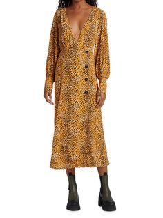 Платье миди с глубоким вырезом и леопардовым принтом Ganni, цвет Bright Marigold