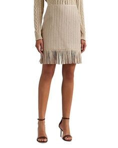 Плетеная кожаная юбка-карандаш с отделкой бахромой Ralph Lauren, цвет Tan/Beige