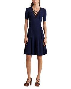 Расклешенное платье со шнуровкой и воротником-стойкой Ralph Lauren, цвет Blue