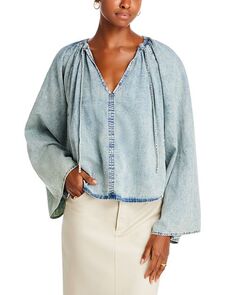Джинсовая блузка с присборенными краями и V-образным вырезом FRAME, цвет Blue
