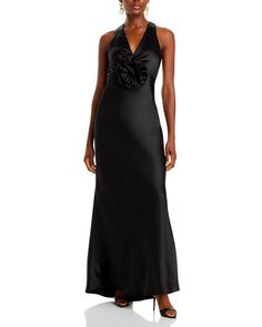 Длинное атласное платье макси с цветочной отделкой AQUA, цвет Black