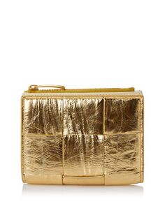Плетеный кожаный кошелек Portafoglia двойного сложения Bottega Veneta, цвет Gold