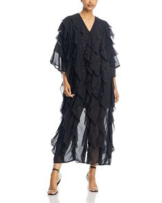 Многоярусное шифоновое платье макси с рюшами Misook, цвет Black