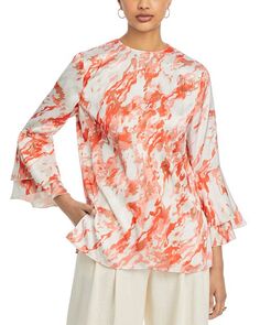 Блуза из крепдешина с абстрактным принтом и воланами на рукавах Misook, цвет Orange