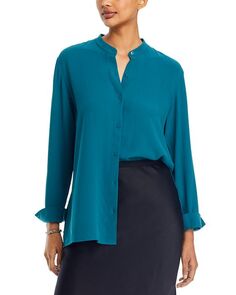 Шелковая рубашка с воротником-стойкой Eileen Fisher, цвет Blue
