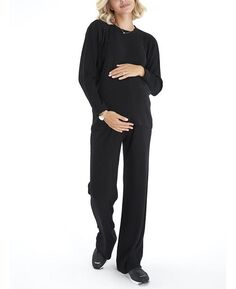 Легкий элегантный комплект с топом для беременных/кормящих и застежкой-молнией по бокам с длинными рукавами; Брюки для отдыха Accouchée, цвет Black