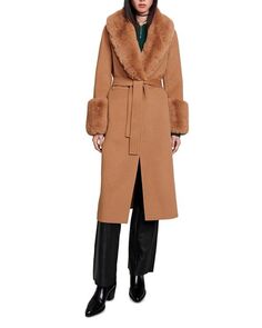 Светло-коричневое пальто из смеси искусственного меха и шерсти Maje, цвет Tan/Beige